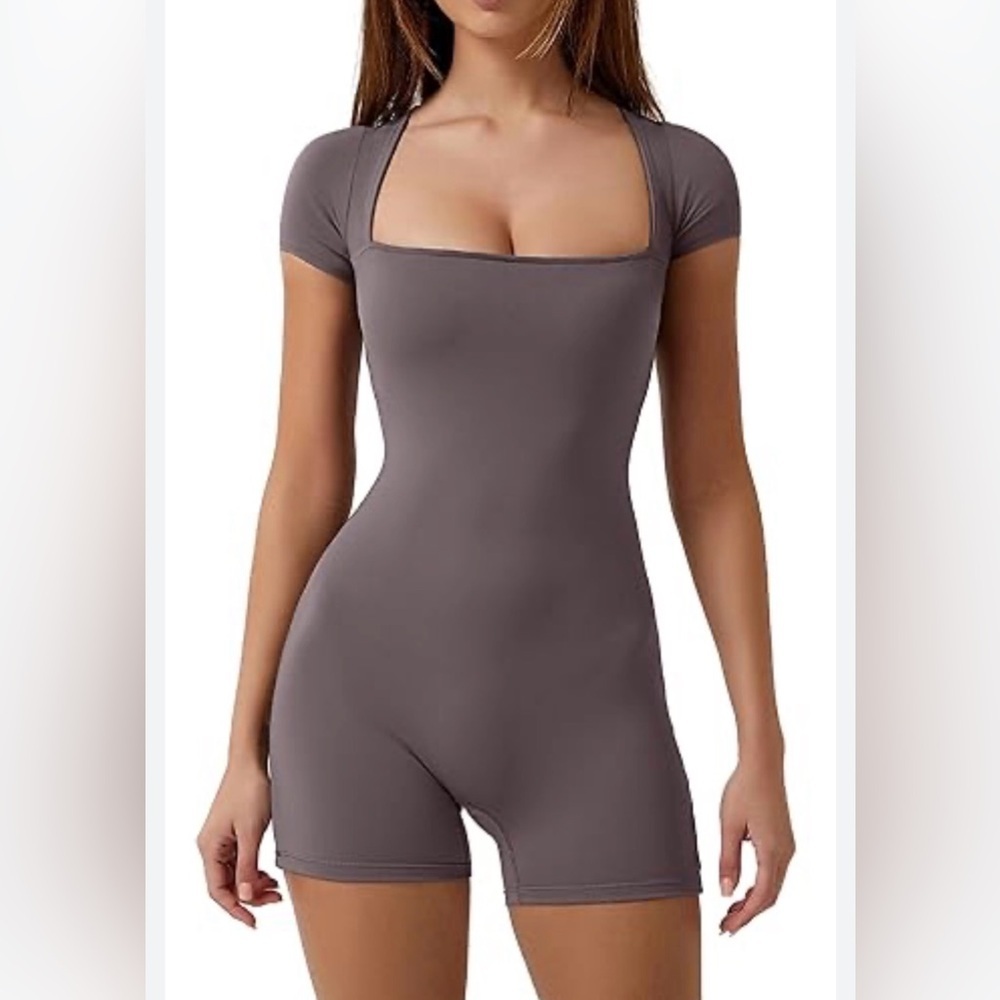 Qinsen Women's Brown Taupe Square Neck Bodysuit Romper Activewear Jumpsuit Sz L